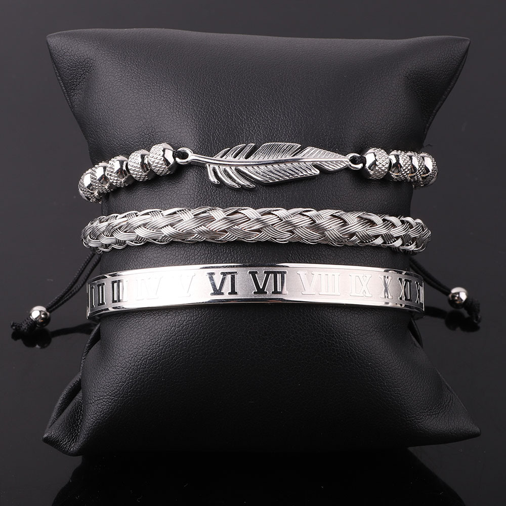 New Design Luxury Stainless Steel Roman Numeral Bangle Leaf Feather Charm Bracelet Set Men JBS12449