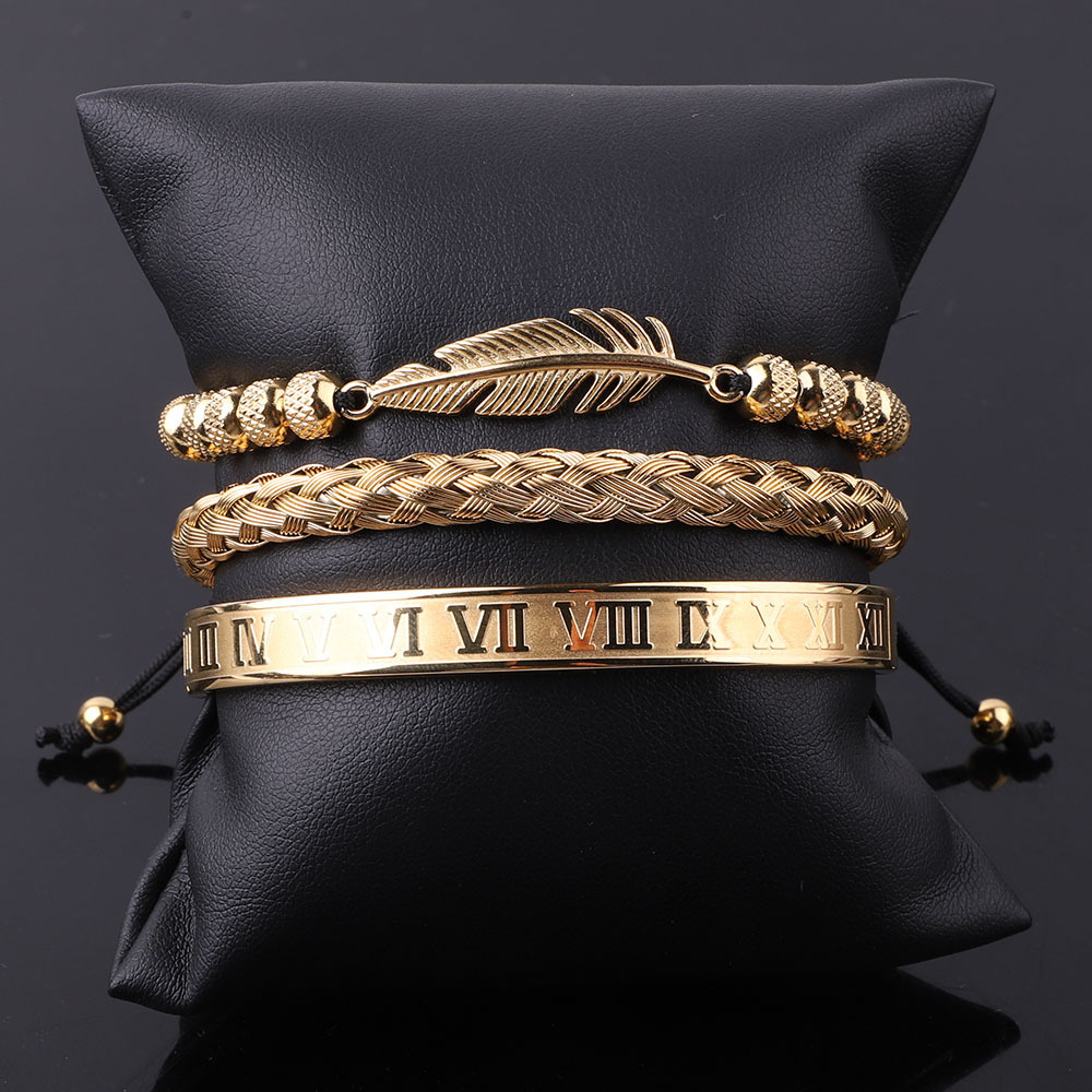 New Design Luxury Stainless Steel Roman Numeral Bangle Leaf Feather Charm Bracelet Set Men JBS12449