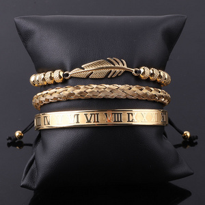 New Design Luxury Stainless Steel Roman Numeral Bangle Leaf Feather Charm Bracelet Set Men JBS12449