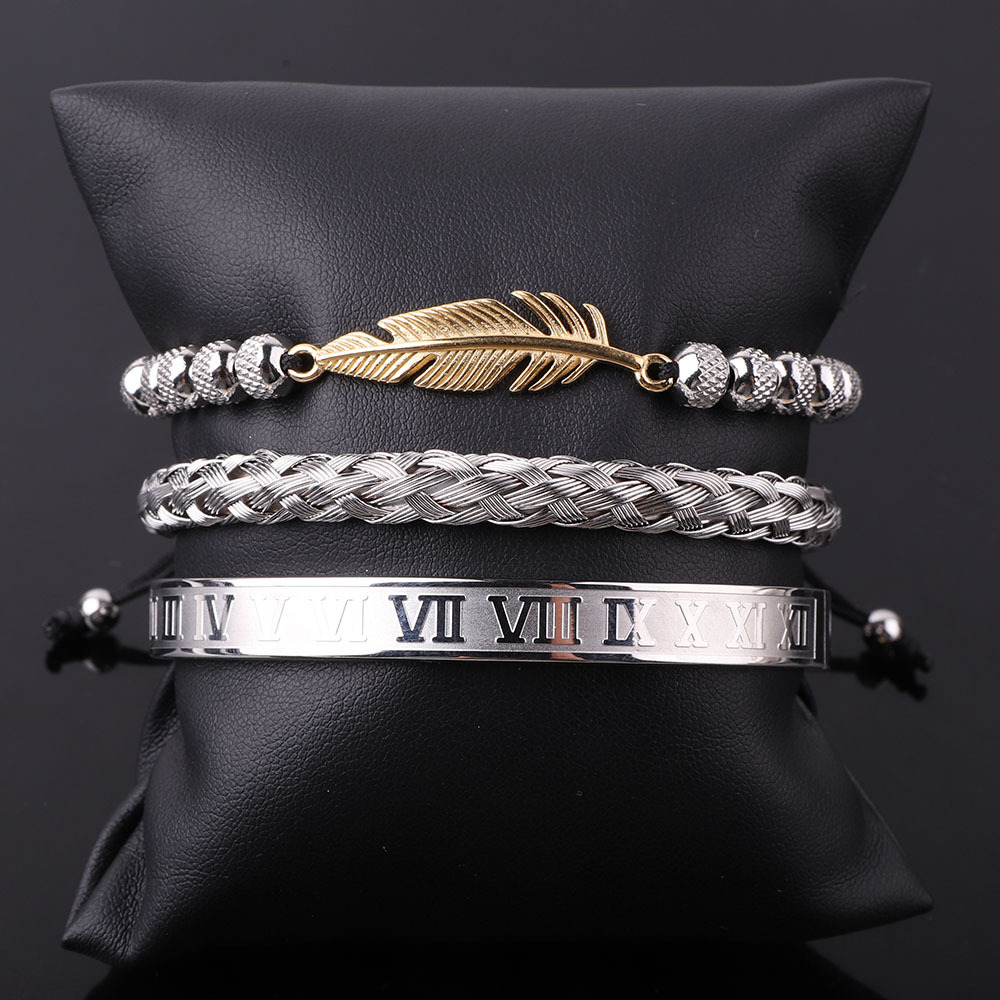 New Design Luxury Stainless Steel Roman Numeral Bangle Leaf Feather Charm Bracelet Set Men JBS12449