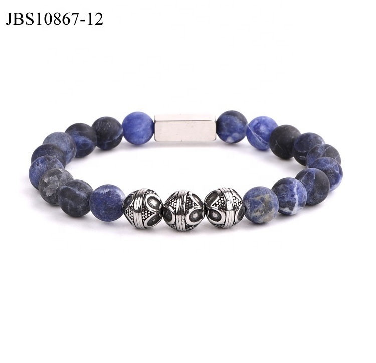 High Quality Custom Logo Elastic Bracelet Gemstone Stainless Steel Bali Beads Natural Stone Men Bracelet JBS10867