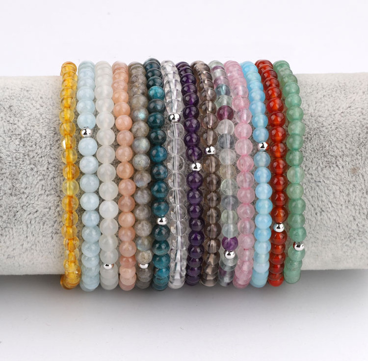 High Quality 4mm Natural Semi-precious Stone 925 Sterling Silver Beads Elastic Gemstone Bracelet For Women