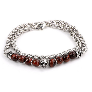 High Quality Men Jewelry 6mm Natural Stone Stainless Steel  Chain Skull Beads Bracelet For Men