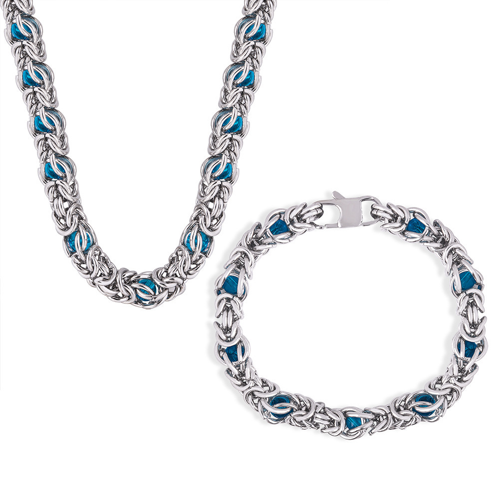 Chunky Titanium Steel Male Cuban Chain Necklace Bracelet Set Stainless Steel Blue Resin Stone Crystal Bead Punk Jewelry for Men