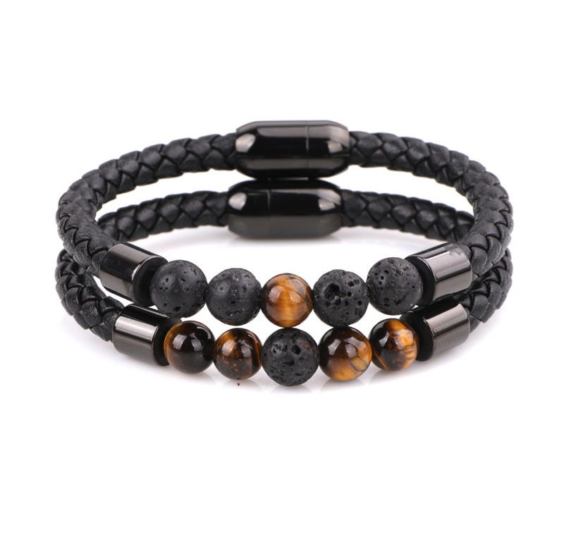 High Quality Natural Gemstone Lava Stone Tiger Eye Stainless Steel Magnet Clasp Genuine Leather Bracelet Men Jewelry JBS10726