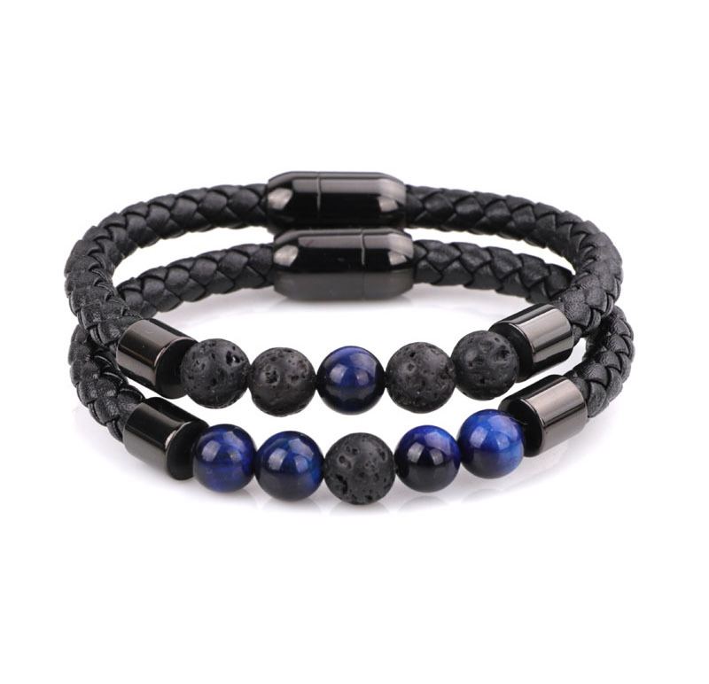 High Quality Natural Gemstone Lava Stone Tiger Eye Stainless Steel Magnet Clasp Genuine Leather Bracelet Men Jewelry JBS10726