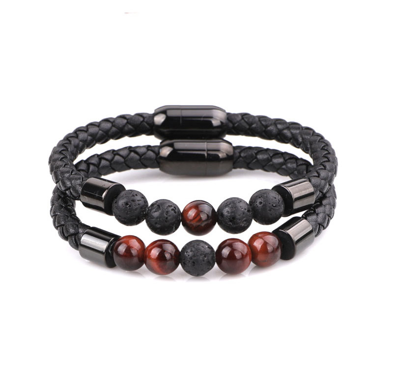 High Quality Natural Gemstone Lava Stone Tiger Eye Stainless Steel Magnet Clasp Genuine Leather Bracelet Men Jewelry JBS10726