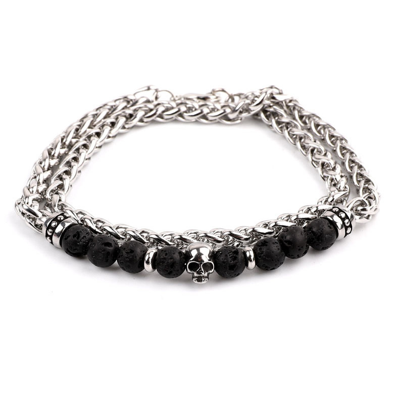 High Quality Men Jewelry 6mm Natural Stone Stainless Steel  Chain Skull Beads Bracelet For Men