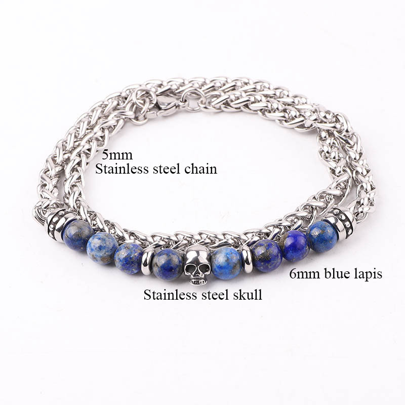 High Quality Men Jewelry 6mm Natural Stone Stainless Steel  Chain Skull Beads Bracelet For Men