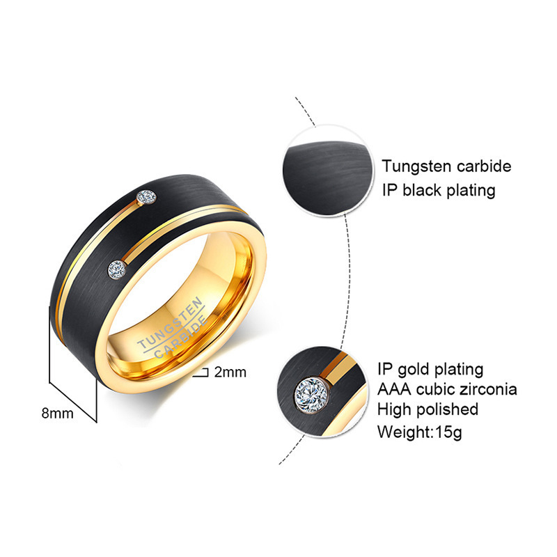 High Quality Tungsten Carbide Stainless Steel Matte Polished Gold Black PVD Plating CZ Diamond Men Jewelry Rings TCR-089