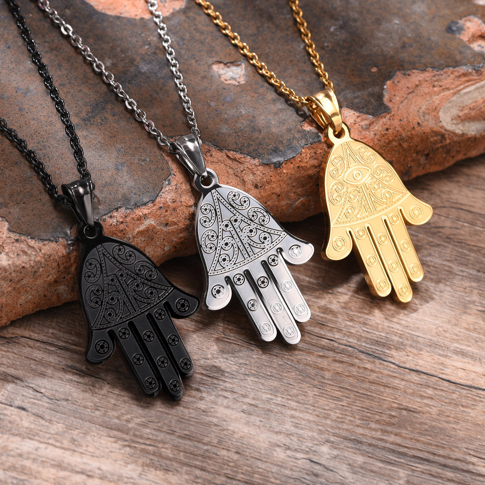 Fashion Men Dainty Stainless Steel Waterproof Long Chain Palm Eye Shaped Muslim Fatima Hand Necklace