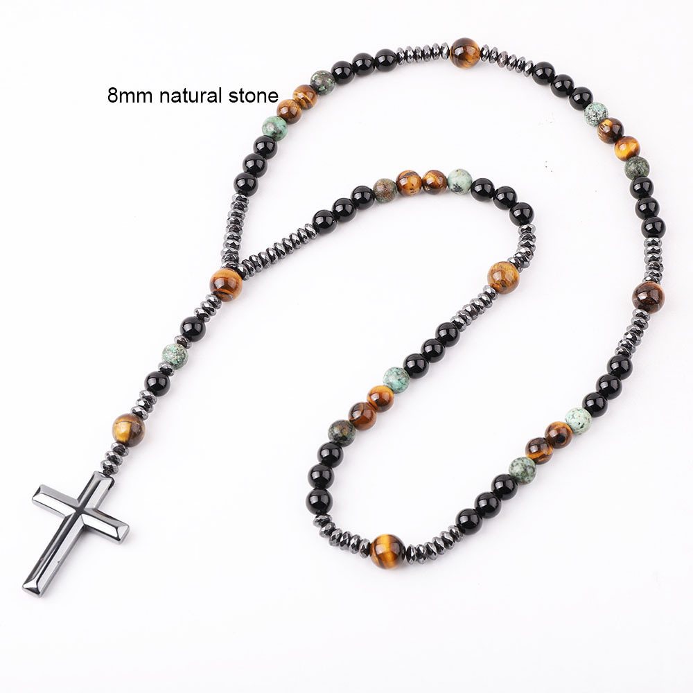 Hematite Cross Beads Stone Tiger Eye Beaded Rosary Necklace Stainless Steel Natural Stone Beads Long Necklaces For Men