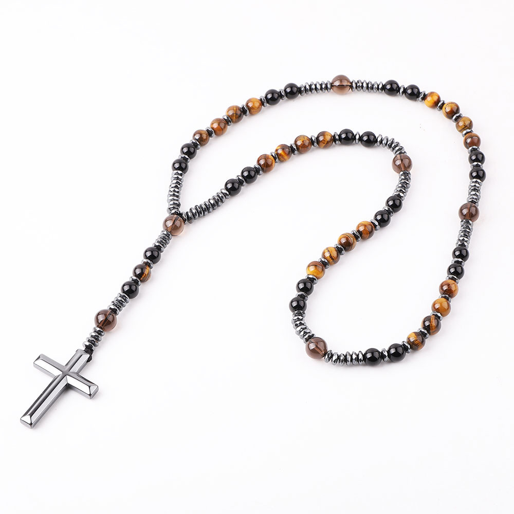 Hematite Cross Beads Stone Tiger Eye Beaded Rosary Necklace Stainless Steel Natural Stone Beads Long Necklaces For Men