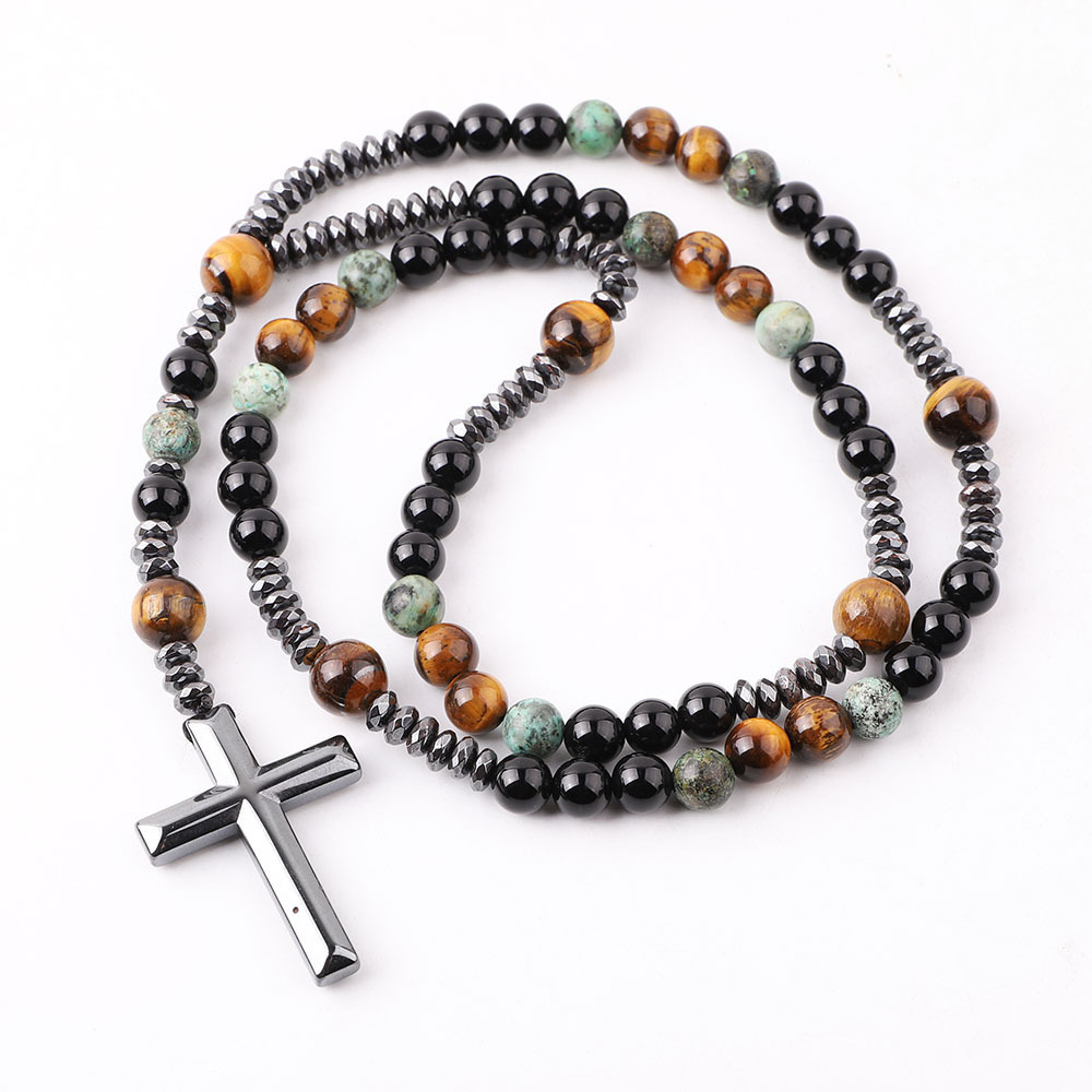 Hematite Cross Beads Stone Tiger Eye Beaded Rosary Necklace Stainless Steel Natural Stone Beads Long Necklaces For Men