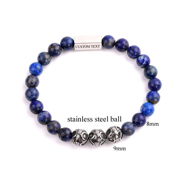 High Quality Custom Logo Elastic Bracelet Gemstone Stainless Steel Bali Beads Natural Stone Men Bracelet JBS10867