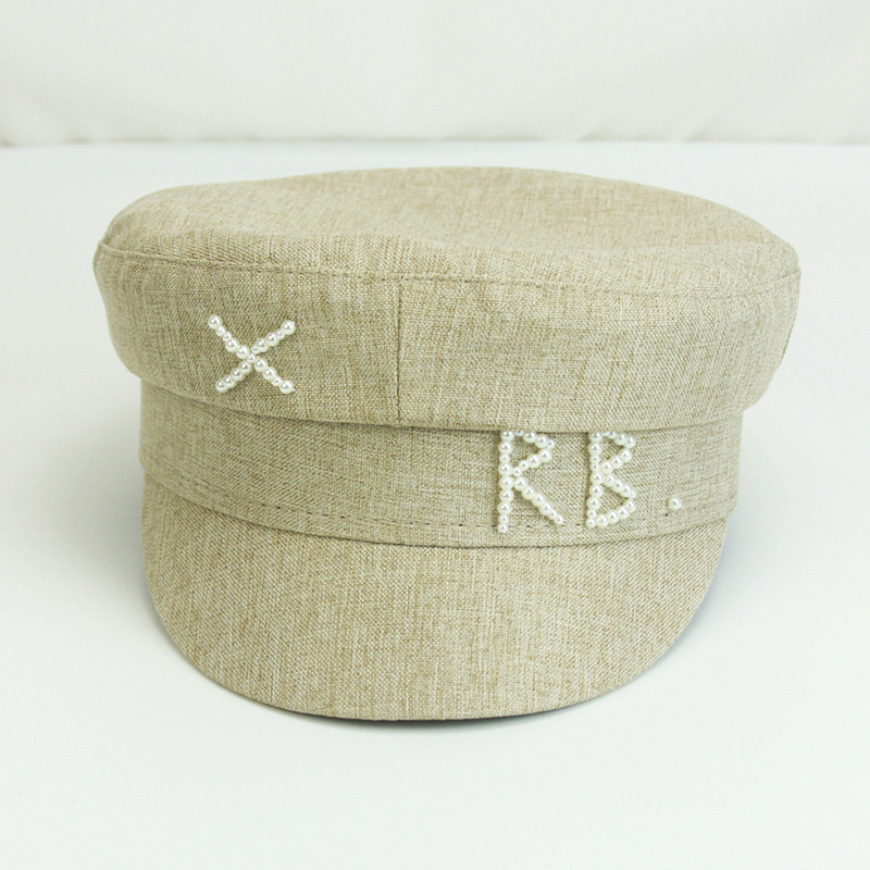 Hemp Hats Recycled Hat Female Autumn and Winter New Linen RB Pearl Embroidery Flat Top Navy Fashion Duck Tongue Newsboy