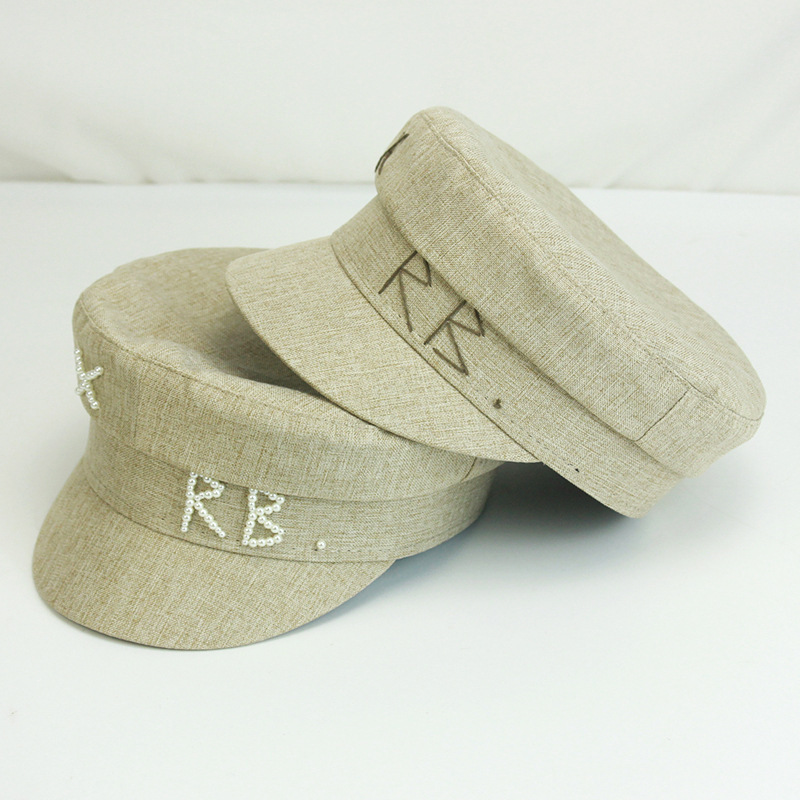 Hemp Hats Recycled Hat Female Autumn and Winter New Linen RB Pearl Embroidery Flat Top Navy Fashion Duck Tongue Newsboy