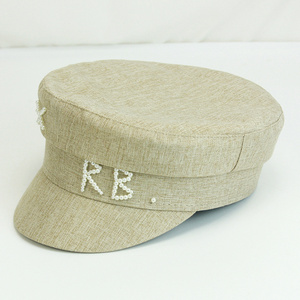 Hemp Hats Recycled Hat Female Autumn and Winter New Linen RB Pearl Embroidery Flat Top Navy Fashion Duck Tongue Newsboy