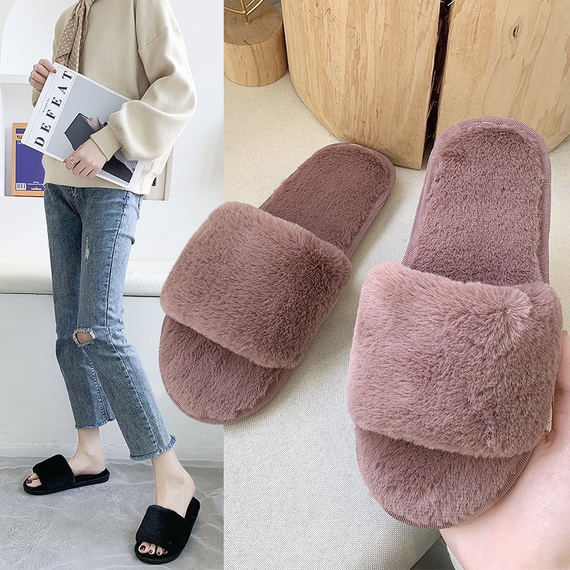 Wholesale Open Toe Soft Fashion Winter Slippers TPR Faux Fur Comfy Sole Lady Men Plush Slippers For Women House Shoes