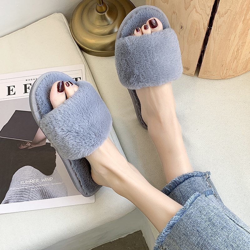 Wholesale Open Toe Soft Fashion Winter Slippers TPR Faux Fur Comfy Sole Lady Men Plush Slippers For Women House Shoes