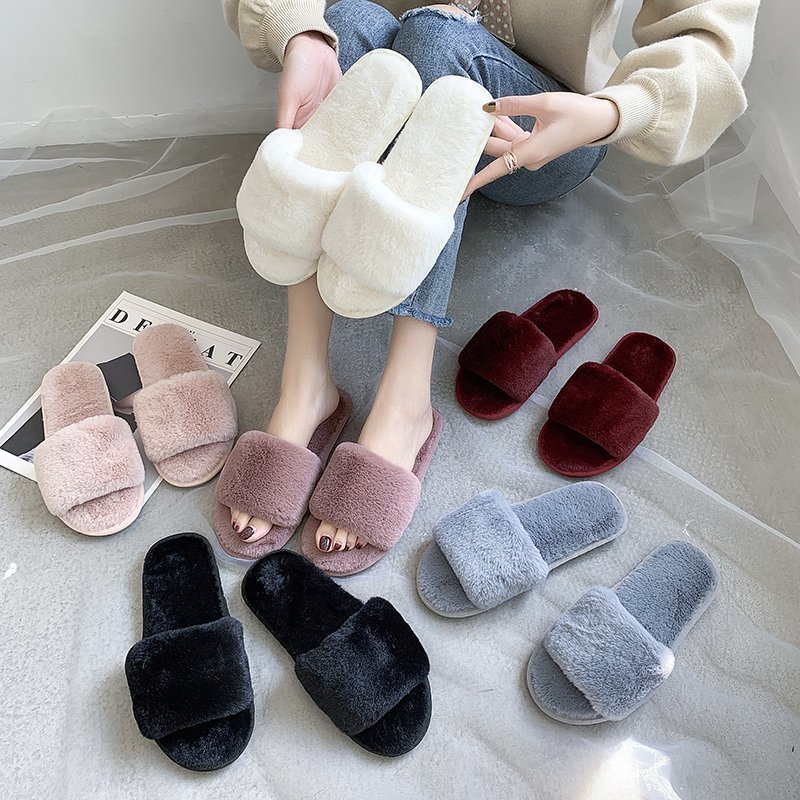 Wholesale Open Toe Soft Fashion Winter Slippers TPR Faux Fur Comfy Sole Lady Men Plush Slippers For Women House Shoes