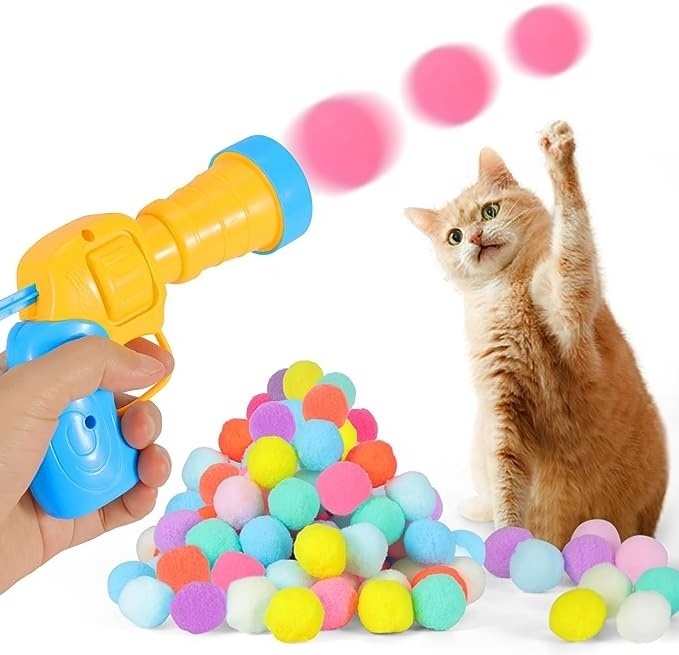 Pet Cat Toy Plush Ball Shooting Gun Pet Hairball Launcher Interactive Cat Toys Mini Foam Ball Shooting Gun Fun Toys