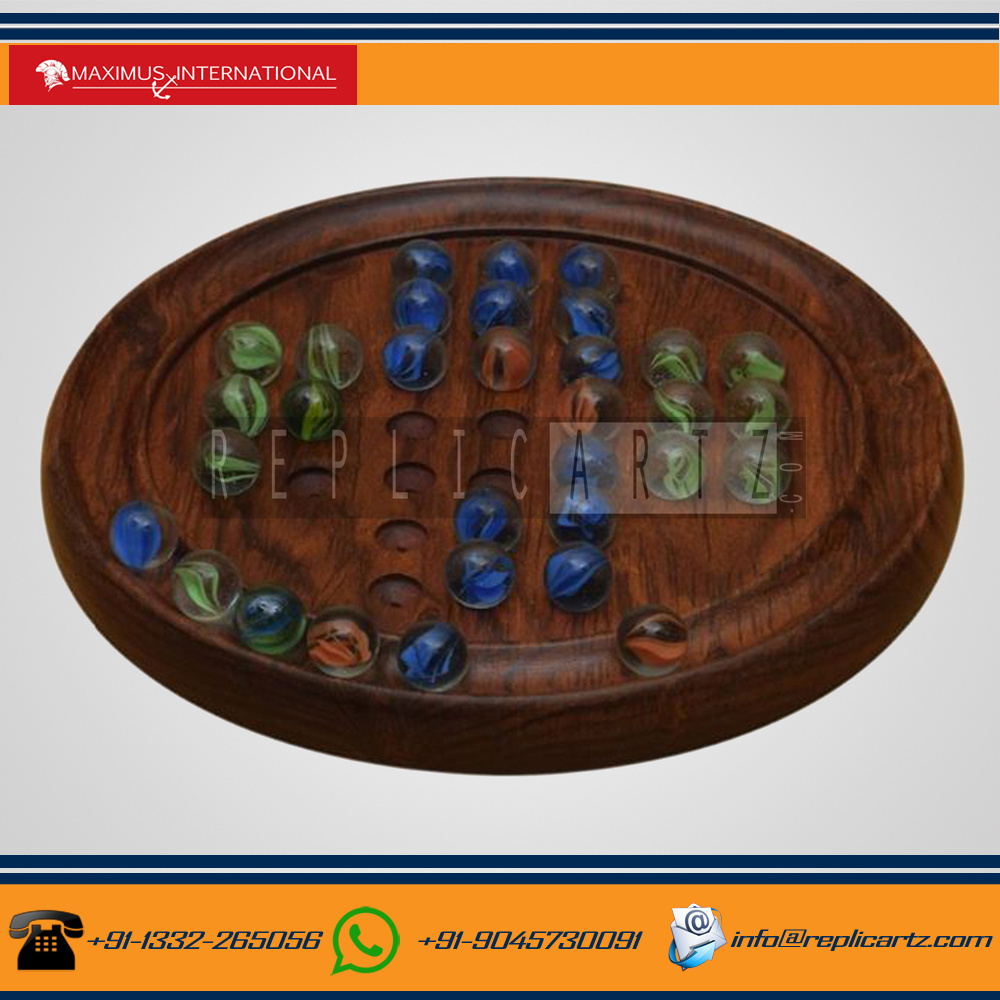 Wooden Games Solitaire Board with Glass Marbles Games