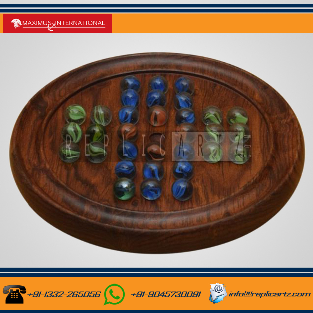 Wooden Games Solitaire Board with Glass Marbles Games