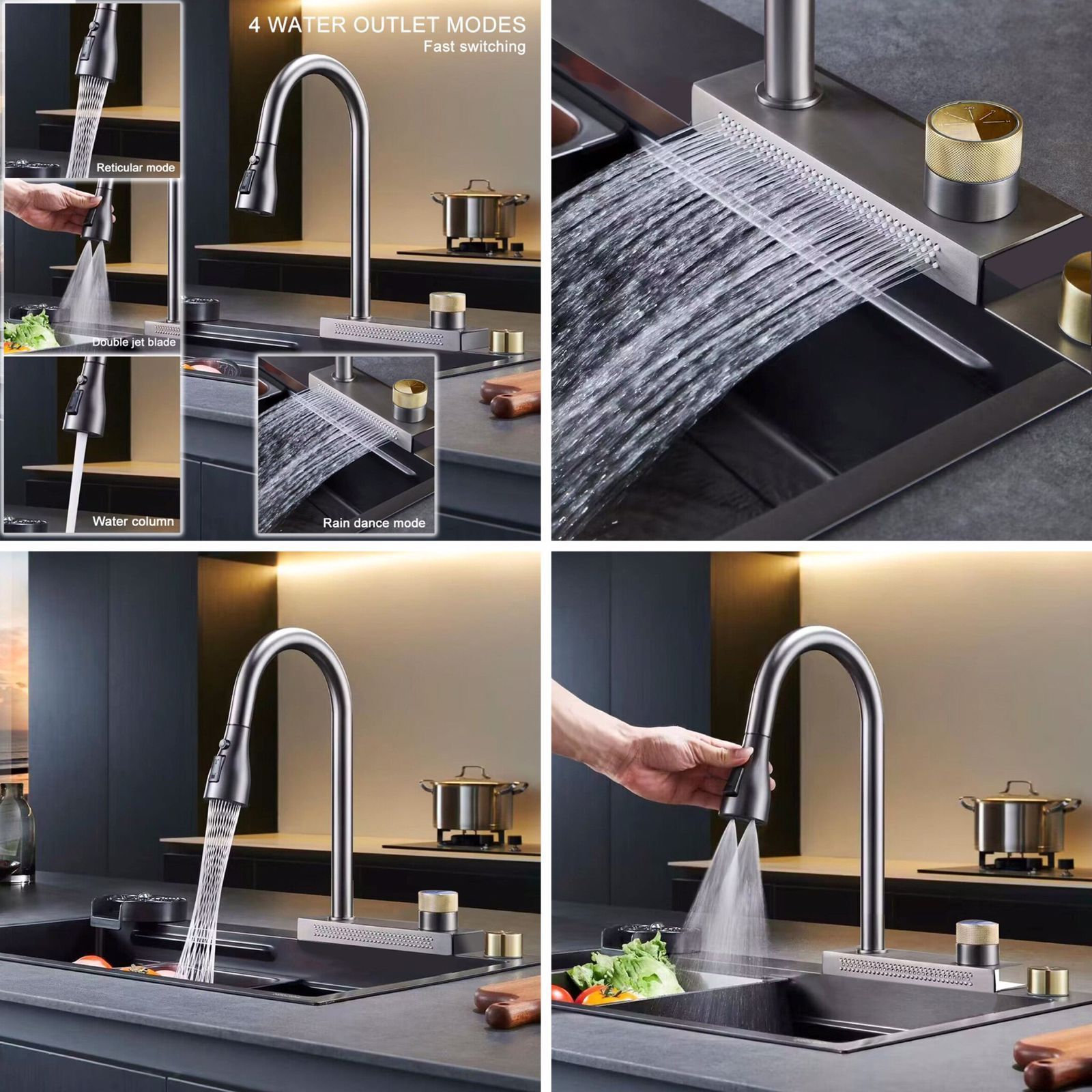 Kitchen Faucet with Pull Down Sprayer Stainless Steel Brushed Nickel Commercial Bar Waterfall