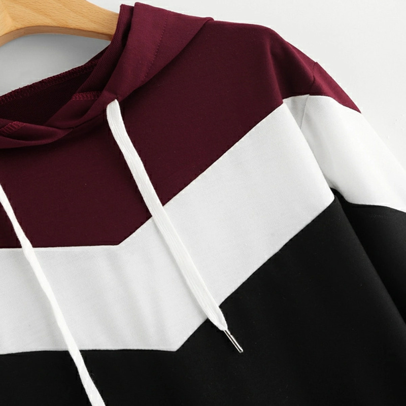 Cut And Sew Drawstring Maroon, White And Black Hoodie