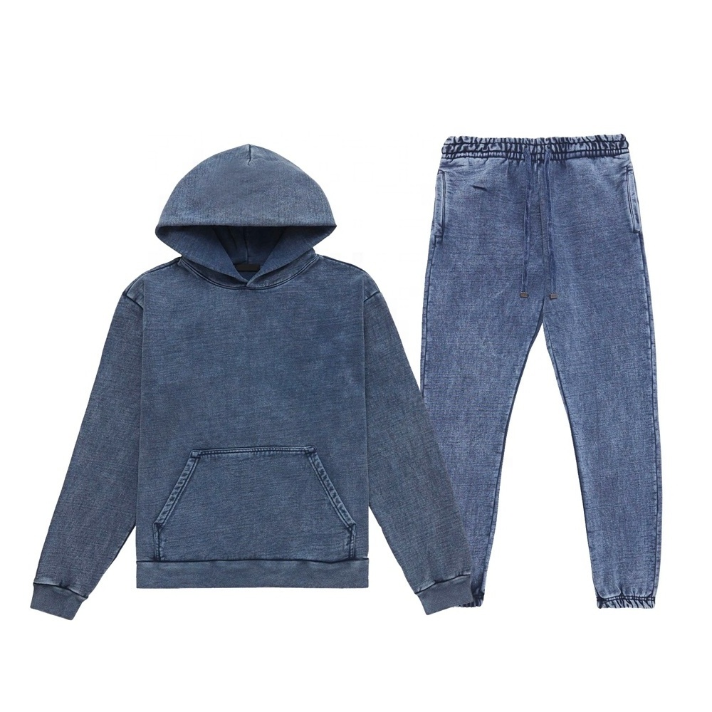 High Quality Winter Tracksuit Printing Vintage Acid Washed Hoodie Jogger Two Pieces Suits Gym Fitness Casual Tracksuit