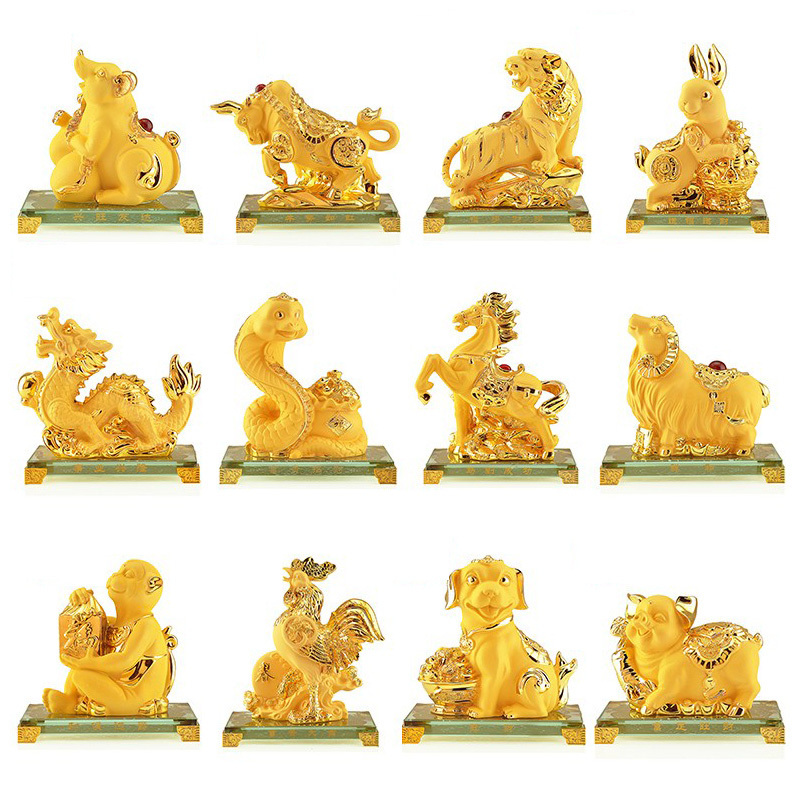 Zodiac Gift Box Home Office Desktop Decorative Statue Gift Custom Resin Frosted Gold Rabbit Dragon Horse Feng Shui Sculpture