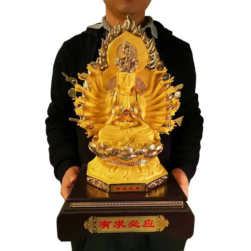 Temple Garden Thousand Hand Guanyin Bodhisattva Sculpture Kwan Yin Avalokiteshvara Goddess Sitting Lotus Small Statue