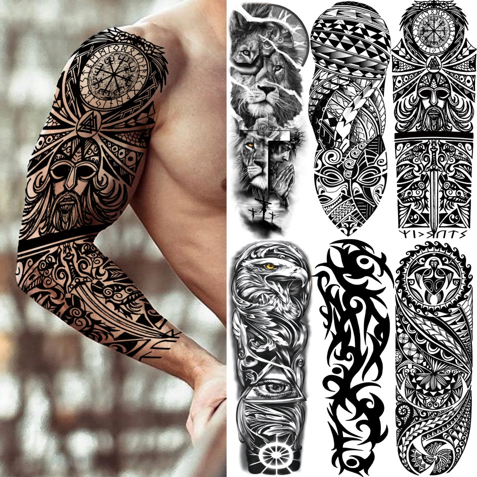 Large Arm Sleeve Tattoo Lion Crown King Rose Waterproof Temporary Tattoo Sticker Wild Wolf Tiger Men Full Skull Totem Stickers