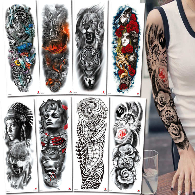 Large Arm Sleeve Tattoo Lion Crown King Rose Waterproof Temporary Tattoo Sticker Wild Wolf Tiger Men Full Skull Totem Stickers