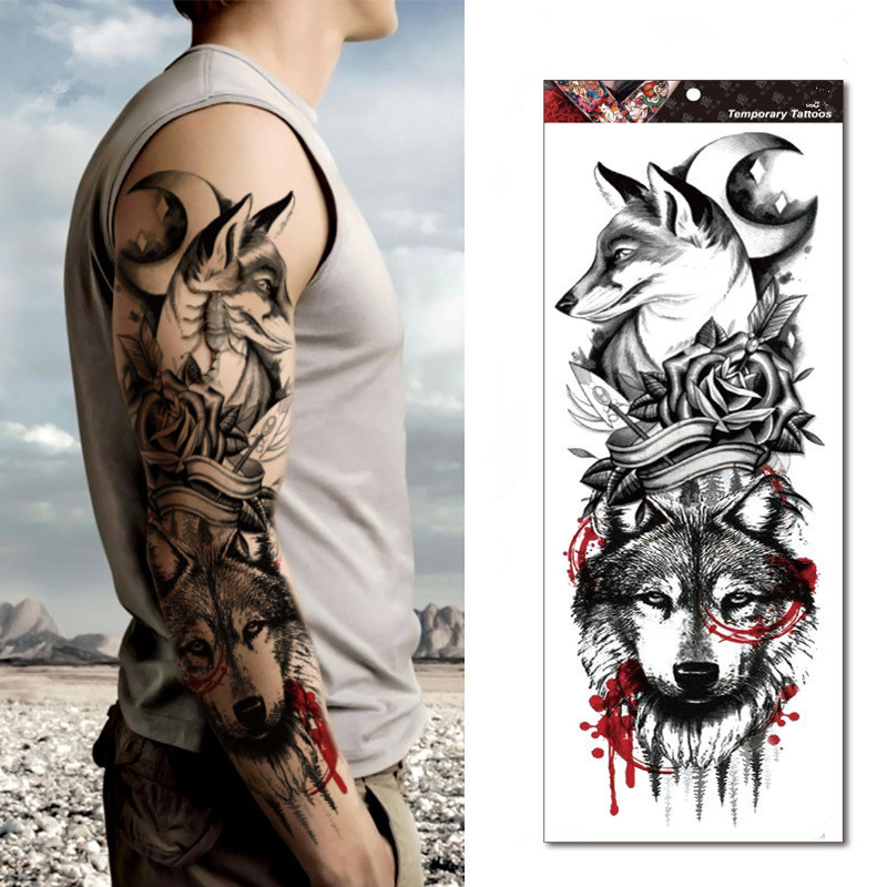 Large Arm Sleeve Tattoo Lion Crown King Rose Waterproof Temporary Tattoo Sticker Wild Wolf Tiger Men Full Skull Totem Stickers