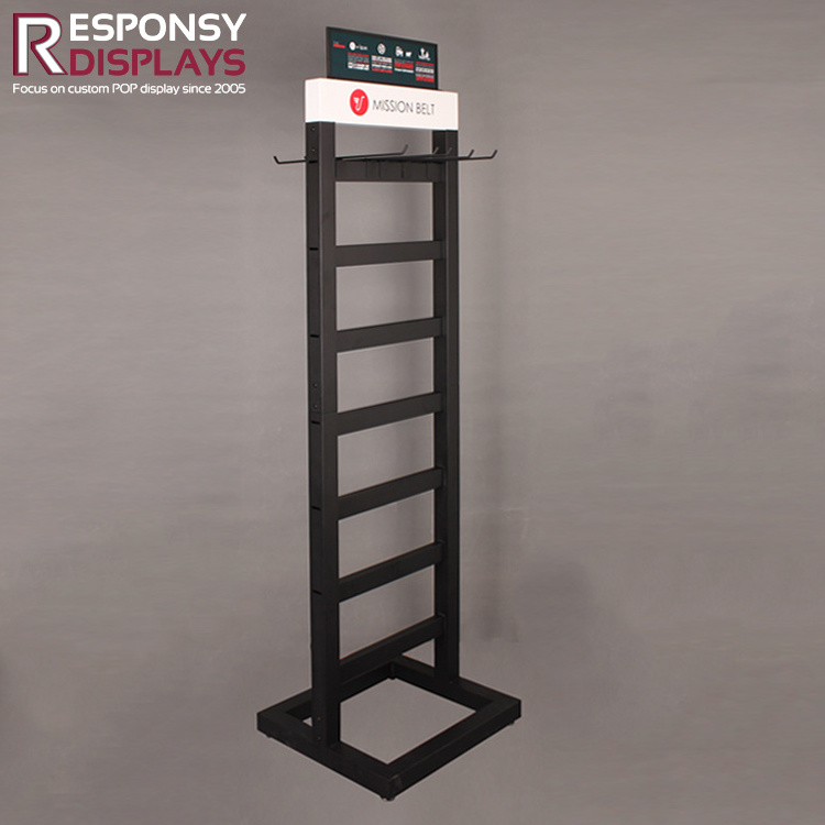 Modern style two-sided metal and wood floor belt display rack accessories hanging stand