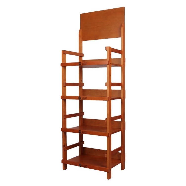 Promotion Four Layers Free Standing Wooden Food Snack Display Supermarket Shelves