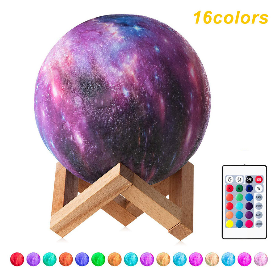 Moon Lamp 16 Colors Stars Lamp Kids Night Light 3D Printing Star Moon Light with Stand/Remote Control Rechargeable, Moon Light