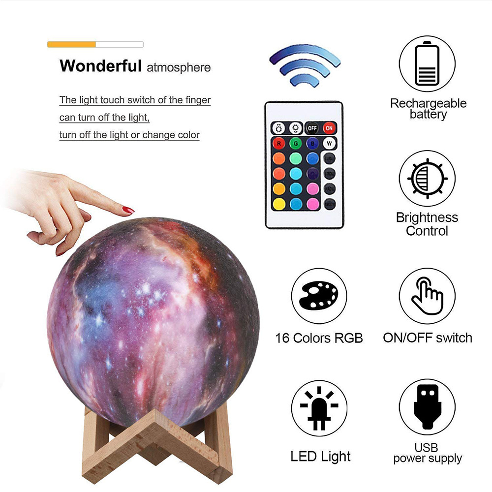 Moon Lamp 16 Colors Stars Lamp Kids Night Light 3D Printing Star Moon Light with Stand/Remote Control Rechargeable, Moon Light