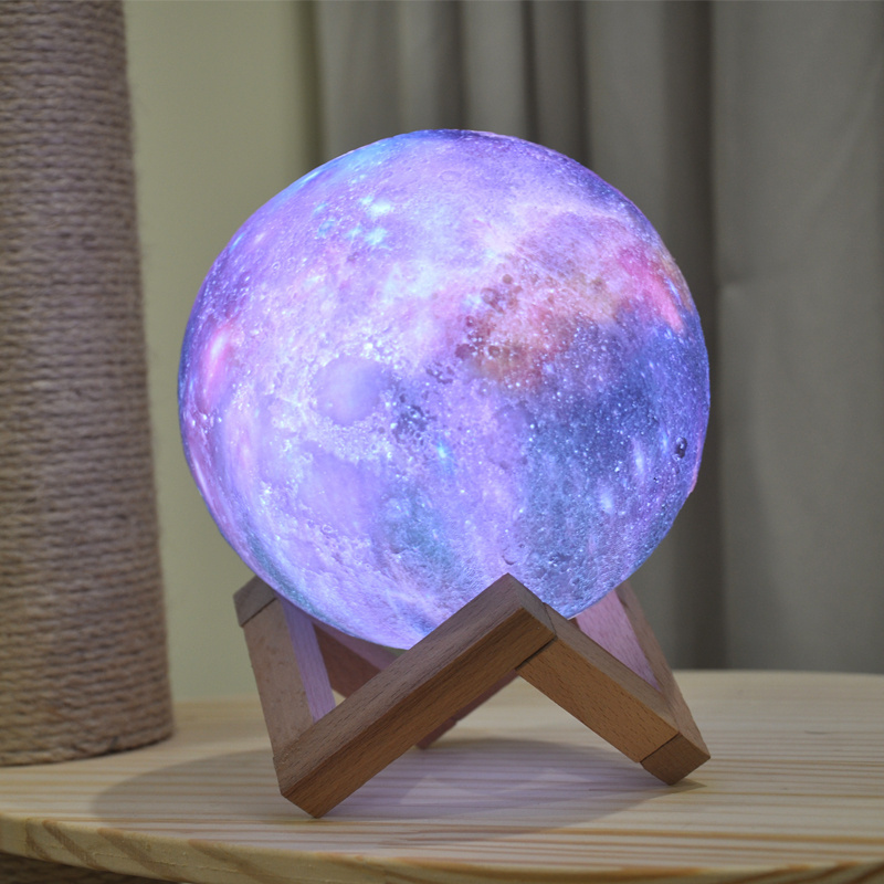 Moon Lamp Kids Night Light Space Lamp 16 Colors LED 3D Star Moon Light with Wood Stand Remote Control USB Rechargeable