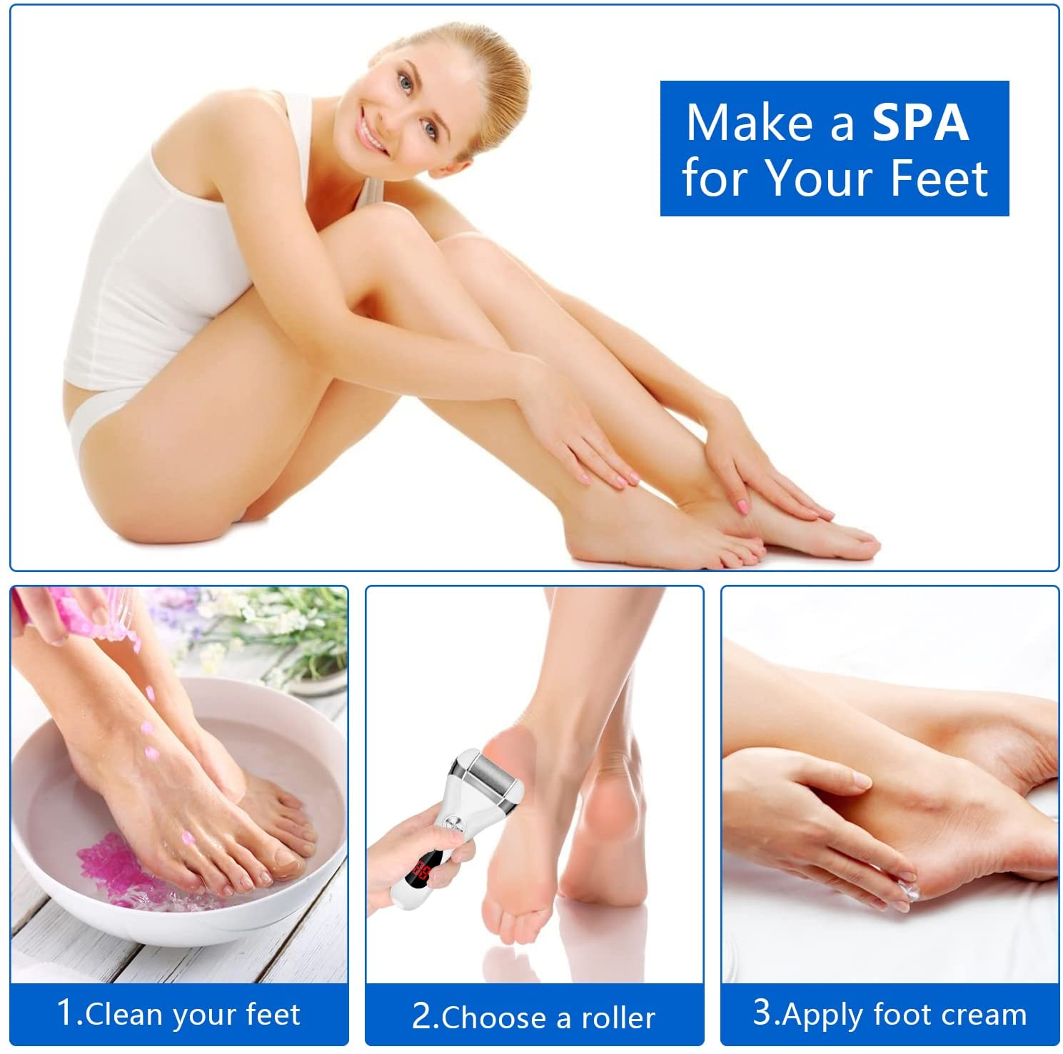 Waterproof Rechargeable 3 Grinding Heads foot scrubber file Electric Foot Callus Remover Kit For Dead Cracked Dry Skin