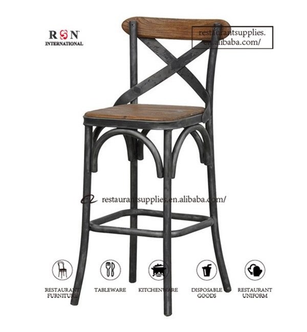 Modern Wooden Seat Cross Back Metal High Chairs For Bar Table Kitchen Usage Hotel Furniture Luxury Wood Bar Stools With Back