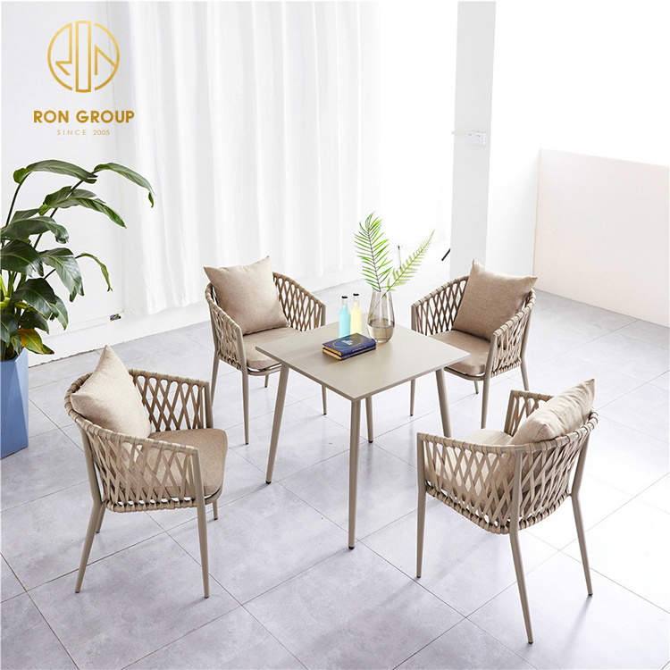 Hot sale Outdoor Waterproof Aluminum Woven Rope Furniture Chair with Seat Cushion Restaurant Leisure Modern Rattan Dining Chair