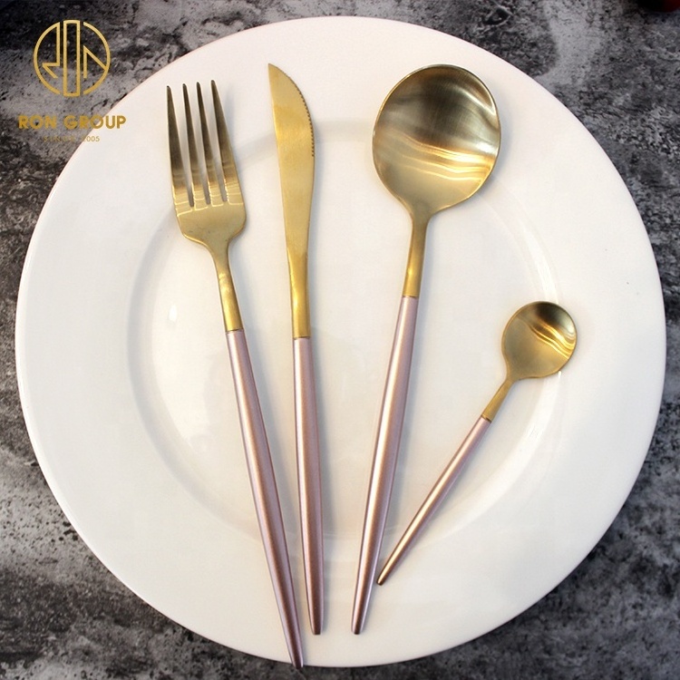 Wedding Portugal Flatware Gold Plated Metal Knife Spoon Fork Dinnerware Set pink wiht golden stainless steel cutlery sets