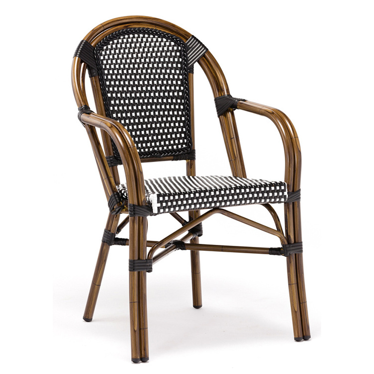 French Style Hotel Restaurant Aluminium PE Natural Brown Rattan Seat Garden Wicker Chair Outdoor Furniture