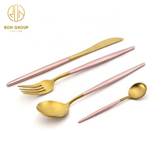 Wedding Portugal Flatware Gold Plated Metal Knife Spoon Fork Dinnerware Set pink wiht golden stainless steel cutlery sets