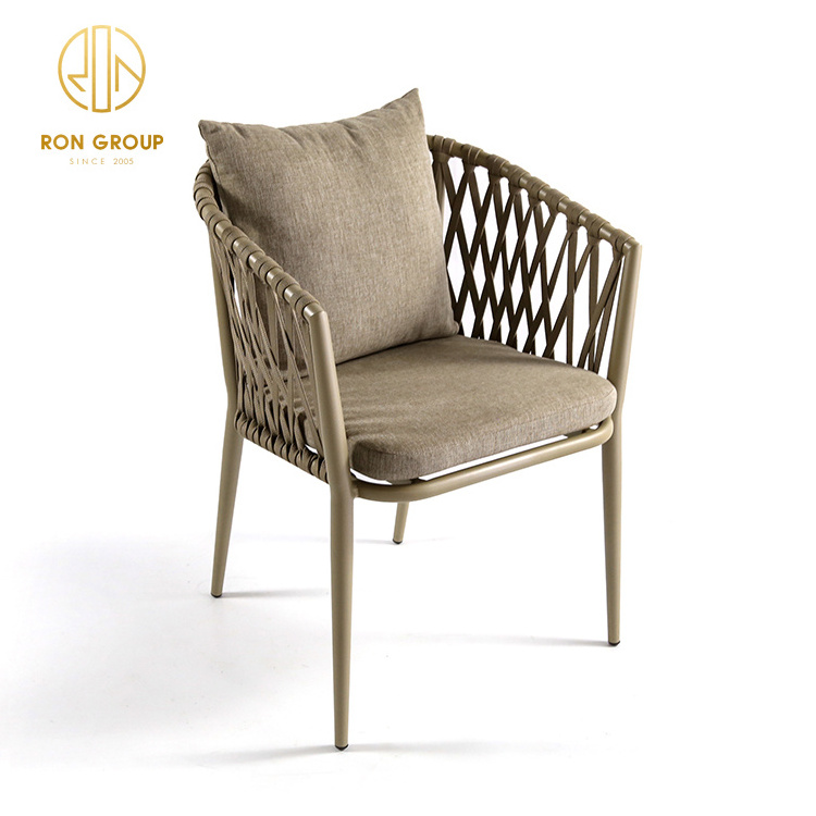 Hot sale Outdoor Waterproof Aluminum Woven Rope Furniture Chair with Seat Cushion Restaurant Leisure Modern Rattan Dining Chair