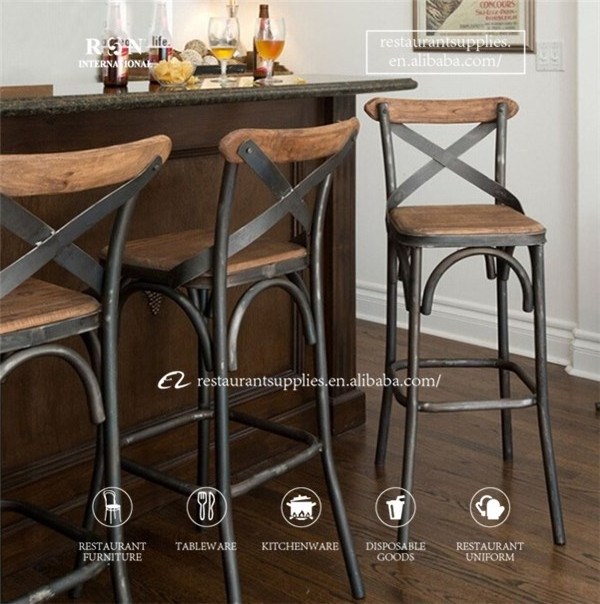 Modern Wooden Seat Cross Back Metal High Chairs For Bar Table Kitchen Usage Hotel Furniture Luxury Wood Bar Stools With Back