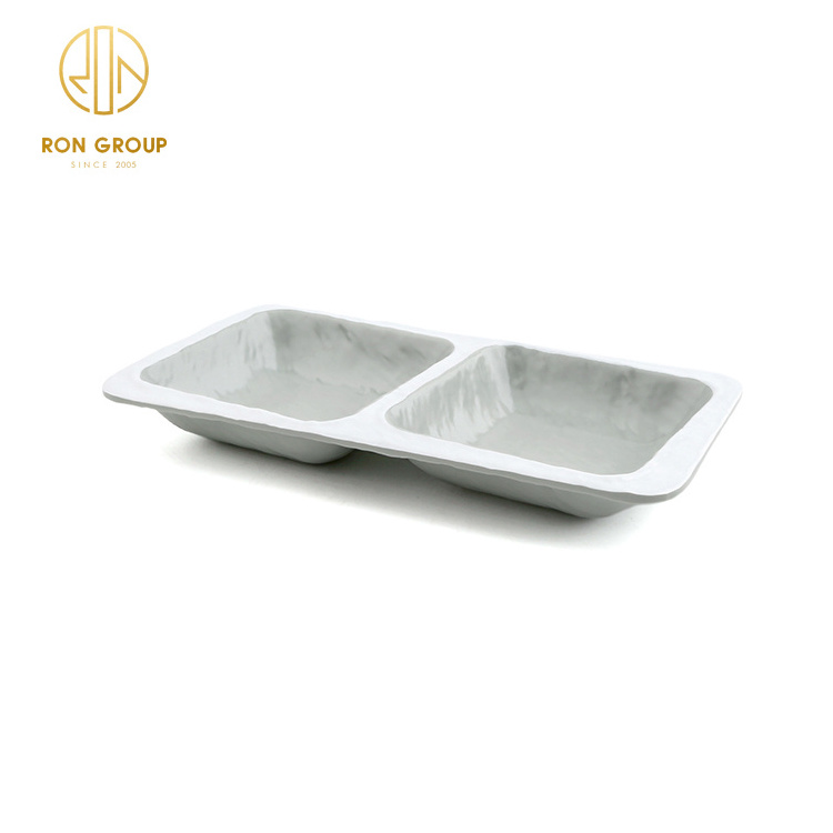 High quality melamine plate with sauce compartment gray dipping melamine soy divided sauce dish 2-grid tetragonal saucer